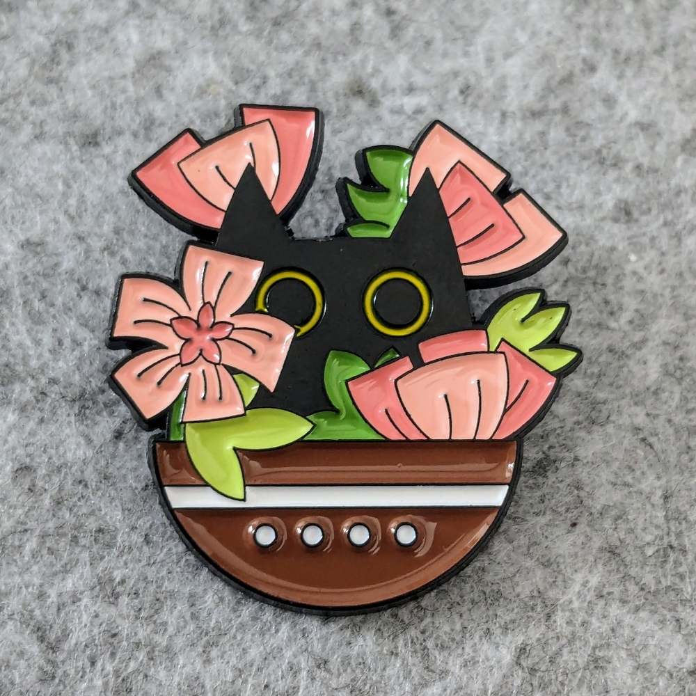 Cat Hiding in Flowers Pin - Black Cat with Pink Flowers